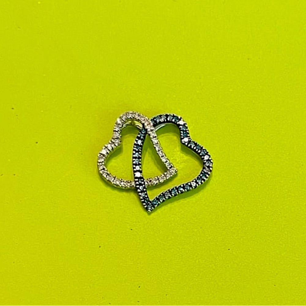 Vintage Sterling Silver Blue/White Diamond Floating Joined Hearts Pendant